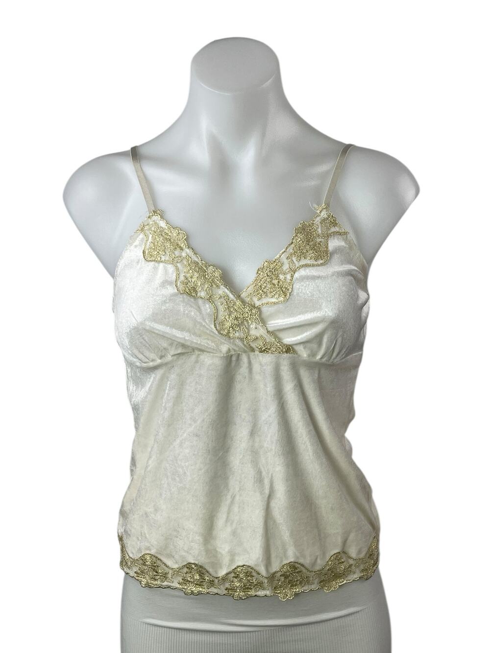 NEW Vintage Elee Cream Velvet Floral Lace Hem Sleeveless Camisole Tank Top S/M